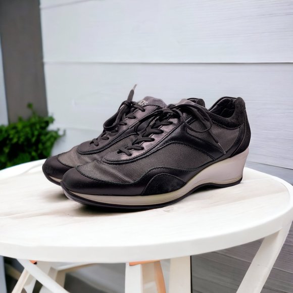 TOD'S BLACK Suede Leather White Mesh Lace-Up Heel Sneakers - Picture 2 of 11